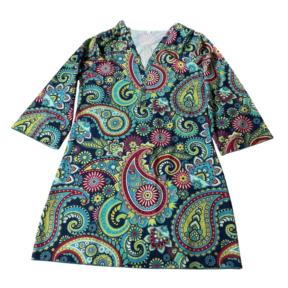Festival Boho Paisley Floral Tunic Dress Women M Blue V-Neck 3/4 Sleeve
